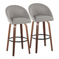 Matisse High Back 30" Contemporary Fixed-Height Barstool with Swivel in Walnut Wood and Grey Fabric with Round Black Metal Footrest- Set of 2 — pair view
