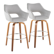 Mustang 30" Contemporary Fixed-Height Xl Barstool with Swivel in Walnut Wood and Grey Fabric with Round Chrome Metal Footrest- Set of 2 — pair view
