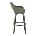 Mustang bar stool in Walnut Glazed Wood, Green Fabric, Black Metal, side view, featuring swivel and wood frame