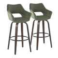Mustang 30" Contemporary Fixed-Height Barstool with Swivel in Walnut Glazed Wood and Green Fabric with Round Black Metal Footrest- Set of 2 — pair view