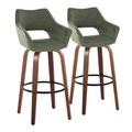 Mustang 30" Contemporary Fixed-Height Barstool with Swivel in Walnut Wood and Green Fabric with Round Black Metal Footrest- Set of 2 — pair view