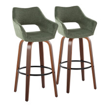 Mustang 30" Contemporary Fixed-Height Barstool with Swivel in Walnut Wood and Green Fabric with Round Black Metal Footrest- Set of 2 — pair view