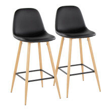 Pebble 30" Contemporary Fixed-Height Barstool in Natural Metal and Black Faux Leather with Square Black Metal Footrest- Set of 2 — pair view