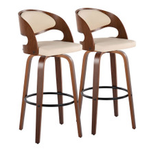 Pino 30" Contemporary Fixed-Height Barstool in Walnut Wood and Cream Faux Leather with Rounded Black Metal Footrest- Set of 2 — pair view