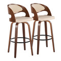 Pino 30" Contemporary Fixed-Height Barstool in Walnut Wood and Cream Faux Leather with Rounded Black Metal Footrest- Set of 2 — pair view