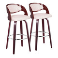 Pino 30" Mid-Century Modern Fixed-Height Barstool with Swivel in Mahogany Wood and White Faux Leather with Round Chrome Metal Footrest- Set of 2 — pair view