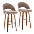 Renee Upholstered 30" Contemporary Fixed-Height Barstool with Swivel in Walnut Wood and Brown Fabric with Round Chrome Metal Footrest- Set of 2 — pair view