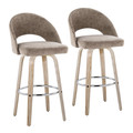 Renee Upholstered 30" Contemporary Fixed-Height Barstool with Swivel in Whitewashed Wood and Brown Fabric with Round Chrome Metal Footrest- Set of 2 — pair view