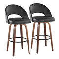 Renee Upholstered 30" Contemporary Fixed-Height Barstool in Walnut Wood and Black Faux Leather with Round Black Metal Footrest- Set of 2 — pair view