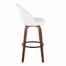 Renee bar stool in Walnut Wood, White PU, Black Metal, side view, featuring wood frame