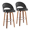 Renee Upholstered 30" Contemporary Fixed-Height Barstool with Swivel in Walnut Wood and Black Faux Leather with Round Chrome Metal Footrest- Set of 2 — pair view