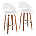 Renee Upholstered 30" Contemporary Fixed-Height Barstool with Swivel in Walnut Wood and White Faux Leather with Round Chrome Metal Footrest- Set of 2 — pair view
