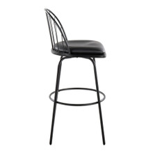 Riley bar stool in Black Metal, Black Wood, Black PU, side view, featuring swivel and upholstered seat