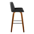 Santi bar stool in Walnut Wood, Chrome Metal, Black PU, side view, featuring swivel and wood frame