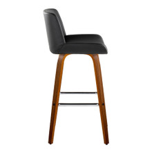 Santi bar stool in Walnut Wood, Chrome Metal, Black PU, side view, featuring swivel and wood frame