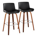 Santi 30" Mid-Century Modern Fixed-Height Barstool with Swivel in Walnut Wood and Black Faux Leather with Square Chrome Metal Footrest- Set of 2 — pair view