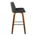 Santi bar stool in Walnut Wood, Chrome Metal, Grey PU, side view, featuring swivel and wood frame