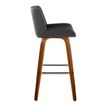 Santi bar stool in Walnut Wood, Chrome Metal, Grey PU, side view, featuring swivel and wood frame