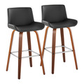 Santi 30" Mid-Century Modern Fixed-Height Barstool with Swivel in Walnut Wood and Grey Faux Leather with Square Chrome Metal Footrest- Set of 2 — pair view