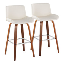 Santi 30" Mid-Century Modern Fixed-Height Barstool with Swivel in Walnut Wood and White Faux Leather with Square Chrome Metal Footrest- Set of 2 — pair view