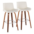 Santi 30" Mid-Century Modern Fixed-Height Barstool with Swivel in Walnut Wood and White Faux Leather with Square Chrome Metal Footrest- Set of 2 — pair view