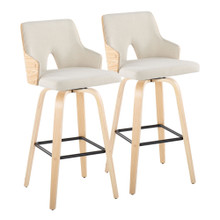 Stella 30" Contemporary Fixed-Height Barstool with Swivel in Natural Wood, Cream Fabric and Square Black Metal Footrest- Set of 2 — pair view