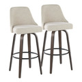 Studded Marcel 30" Transitional Fixed-Height Barstool with Swivel in Walnut Glazed Wood and Cream Fabric with Brass Nailhead Trim and Round Black Metal Footrest- Set of 2 — pair view