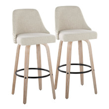 Studded Marcel 30" Transitional Fixed-Height Barstool with Swivel in Whitewashed Wood and Cream Fabric with Brass Nailhead Trim and Round Black Metal Footrest- Set of 2 — pair view