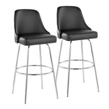 Studded Marcel 30" Contemporary Fixed-Height Barstool with Swivel in Chrome Metal and Black Faux Leather with Chrome Nailhead Trim and Round Chrome Metal Footrest- Set of 2 — pair view