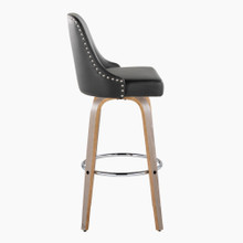 Marcel bar stool in Light Grey Wood, Black PU, Chrome Metal, side view, featuring swivel and wood frame