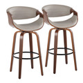 Symphony 30" Mid-Century Modern Fixed-Height Barstool with Swivel in Walnut Wood and Pewter Grey Faux Leather with Round Black Metal Footrest- Set of 2 — pair view