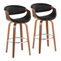 Symphony 30" Mid-Century Modern Fixed-Height Barstool with Swivel in Walnut Wood and Black Faux Leather with Round Chrome Metal Footrest- Set of 2 — pair view