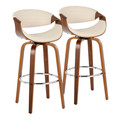 Symphony 30" Mid-Century Modern Fixed-Height Barstool with Swivel in Walnut Wood and Cream Faux Leather with Round Chrome Metal Footrest- Set of 2 — pair view