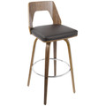 Trilogy bar stool in Walnut Wood, Brown PU, Chrome, product view, featuring swivel and upholstered seat