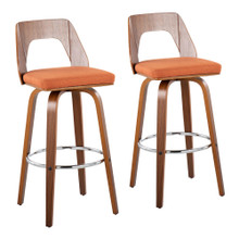 Trilogy 30" Mid-Century Modern Fixed Height Barstool with Swivel in Walnut and Orange Fabric- Set of 2 — pair view