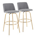 Toriano 30" Contemporary Fixed-Height Barstool with Swivel in Grey Fabric and Gold Metal with Round Footrest- Set of 2 — pair view