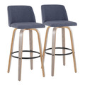Toriano 30" Contemporary Fixed-Height Barstool with Swivel in Light Grey Wood and Blue Fabric with Round Black Metal Footrest- Set of 2 — pair view