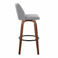 Tintori bar stool in Black Metal, Walnut Wood, Grey Fabric, side view, featuring swivel and wood frame