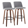 Toriano 30" Mid-Century Modern Fixed-Height Barstool with Swivel in Walnut Wood and Grey Fabric with Round Black Metal Footrest- Set of 2 — pair view