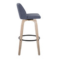 Tintori bar stool in Whitewashed Wood, Blue Fabric, Black Metal, side view, featuring swivel and wood frame