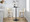 Tintori bar stool in Whitewashed Wood, Cream Fabric, Black Metal, featuring swivel and wood frame