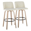 Toriano 30" Contemporary Fixed-Height Barstool with Swivel in Whitewashed Wood and Cream Fabric with Round Black Metal Footrest- Set of 2 — pair view