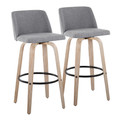 Toriano 30" Contemporary Fixed-Height Barstool with Swivel in Whitewashed Wood and Grey Fabric with Round Black Metal Footrest- Set of 2 — pair view