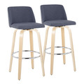 Toriano 30" Contemporary Fixed-Height Barstool with Swivel in Natural Wood and Blue Fabric with Round Chrome Metal Footrest- Set of 2 — pair view