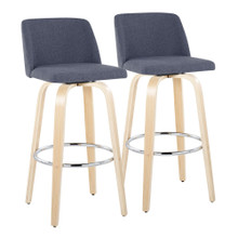 Toriano 30" Contemporary Fixed-Height Barstool with Swivel in Natural Wood and Blue Fabric with Round Chrome Metal Footrest- Set of 2 — pair view