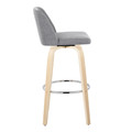 Tintori bar stool in Natural Wood, Grey Fabric, Chrome Metal, side view, featuring swivel and wood frame