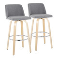 Toriano 30" Contemporary Fixed-Height Barstool with Swivel in Natural Wood and Grey Fabric with Round Chrome Metal Footrest- Set of 2 — pair view