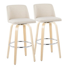 Toriano 30" Contemporary Fixed-Height Barstool with Swivel in Natural Wood and Cream Noise Fabric with Round Chrome Metal Footrest- Set of 2 — pair view