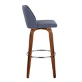 Tintori bar stool in Walnut Wood, Blue Fabric, Chrome Metal, side view, featuring swivel and wood frame