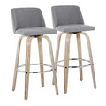 Toriano 30" Contemporary Fixed-Height Barstool with Swivel in Whitewashed Wood and Grey Fabric with Round Chrome Metal Footrest- Set of 2 — pair view